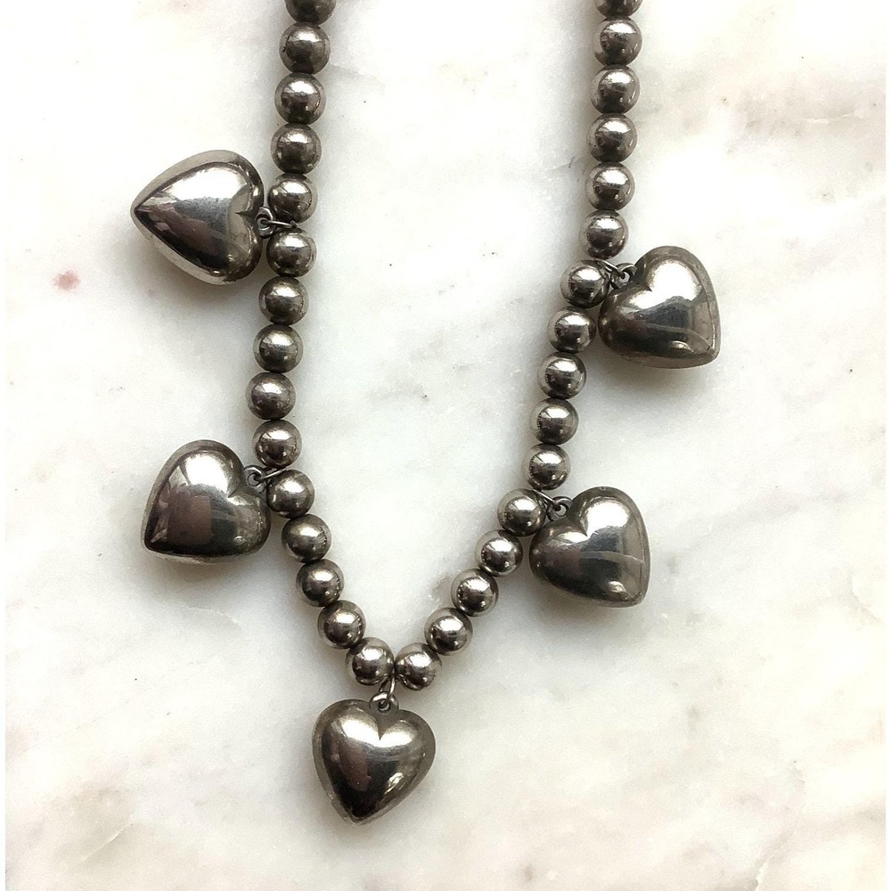 Vintage Silver Tone Beaded Necklace Puffy Heart Pendant Statement Bead 19"